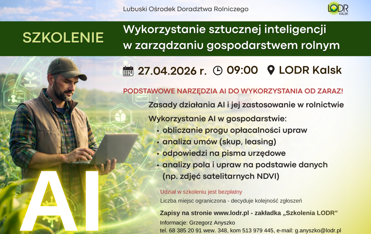 Zdjęcie do Szkolenie: Wykorzystanie sztucznej inteligencji (AI) w zarządzaniu gospodarstwem rolnym
