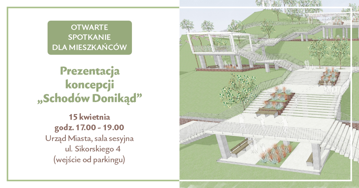 rysunek szerokich, wielobiegowych schodów na zielonym wzgórzu